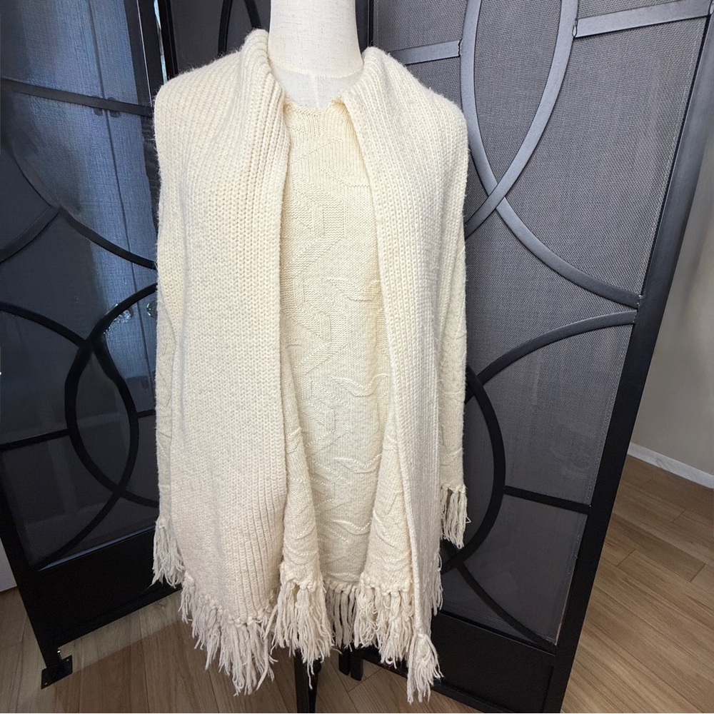 Vintage 1960s 1970s Wintuk Knit Sweater Poncho Cape w Scarf Collar Cream OSFM? - Picture 11 of 17
